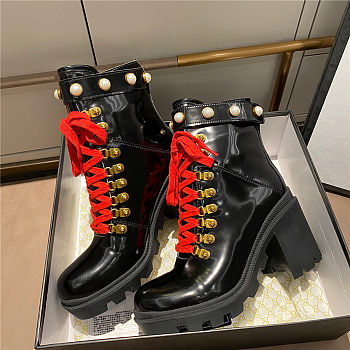 GUCCI Faux Pearl-embellished Leather Ankle Boots