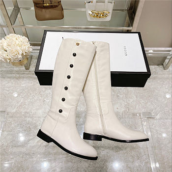 GUCCI Calfskin Buttons Lifford Knee High Boots White 