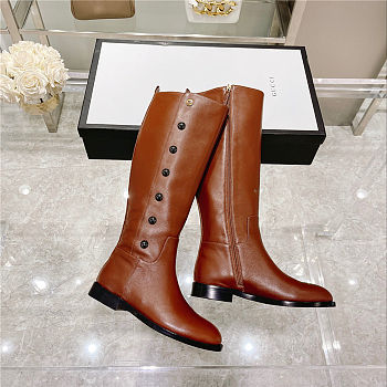 GUCCI Calfskin Buttons Lifford Knee High Boots Brown 