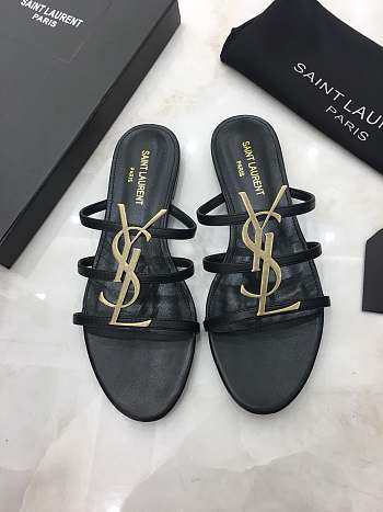 SAINT LAURENT Black Cassandra Gold YSL Flat Sandals 201418F124483