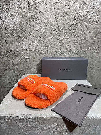 Balenciaga Women's Furry Faux Shearling Slides Orange