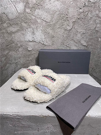 Balenciaga Women's Furry Faux Shearling Slides White