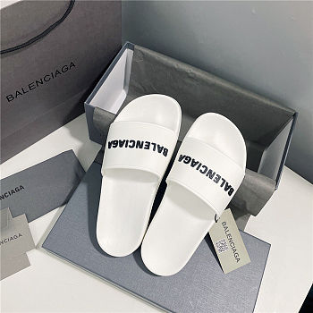 BALENCIAGA Full White Logo Pool Slides 