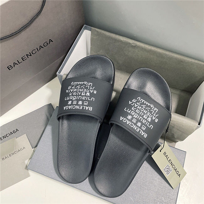 BALENCIAGA Black Word Pool Slides  - 1
