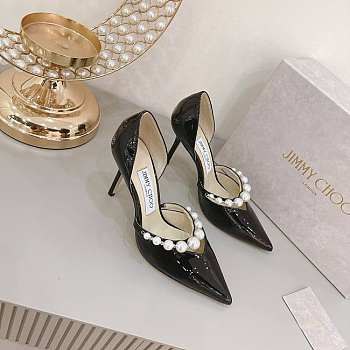 Black Patent Leather Pointed Pumps with Pearl Embellishment