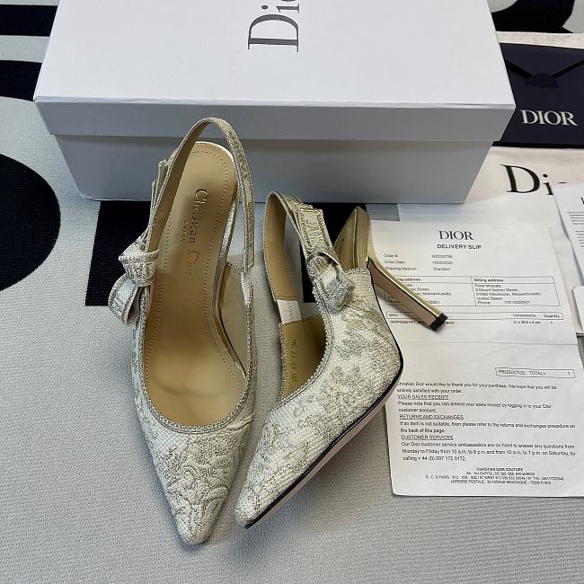 J'Adior Slingback Pump White and Gold-Tone Toile de Jouy - 1
