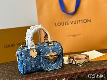 Louis Vuitton Nano Speedy Monogram Denim Women's Blue Bag 16cm x 9.5cm