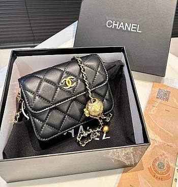 Classic Black Lambskin Pearl Crush Card Holder Belt Bag 12cm x 10 cm