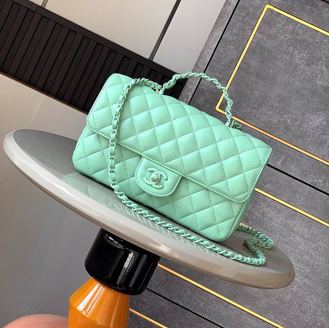 Chanel Mini Flap Bag with Top Handle   Lambskin & Lacquered Metal  Light Green 23cm - 1