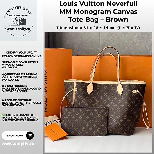Louis Vuitton Neverfull MM Monogram Canvas Tote Bag – Brown - 1