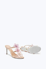 Rene Caovilla Peach Flower Mules – Pink Satin Crystal Embellished Slip-On Heels - 6