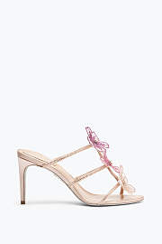 Rene Caovilla Peach Flower Mules – Pink Satin Crystal Embellished Slip-On Heels - 5