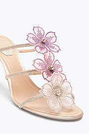 Rene Caovilla Peach Flower Mules – Pink Satin Crystal Embellished Slip-On Heels - 2