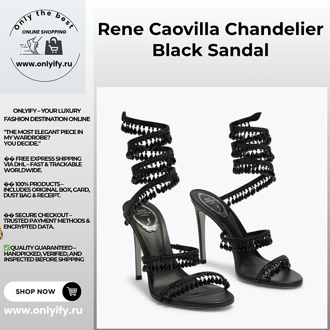 Rene Caovilla Cleo Sandals – Black Satin Heels with Crystal Fringe Spiral Strap - 1