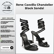 Rene Caovilla Cleo Sandals – Black Satin Heels with Crystal Fringe Spiral Strap - 1