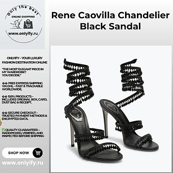 Rene Caovilla Cleo Sandals – Black Satin Heels with Crystal Fringe Spiral Strap