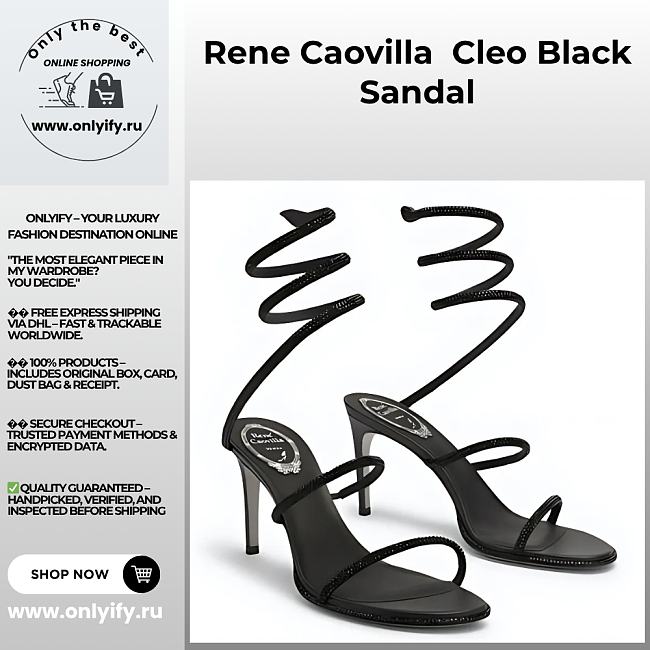 Rene Caovilla Cleo Sandals – Black Satin Crystal-Embellished Spiral Heels - 1