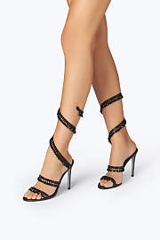 Rene Caovilla Cleo Sandals – Black Satin Heels with Crystal Fringe Spiral Strap - 6
