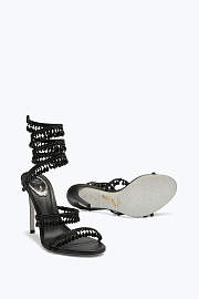 Rene Caovilla Cleo Sandals – Black Satin Heels with Crystal Fringe Spiral Strap - 5