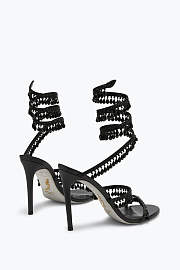 Rene Caovilla Cleo Sandals – Black Satin Heels with Crystal Fringe Spiral Strap - 4