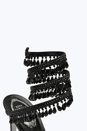 Rene Caovilla Cleo Sandals – Black Satin Heels with Crystal Fringe Spiral Strap - 2