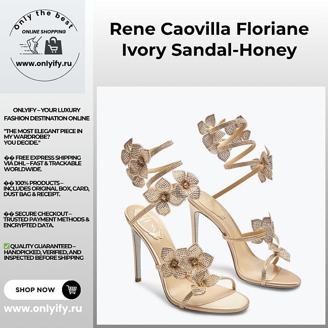 Rene Caovilla Cleo Sandals – Gold Satin Heels with Crystal Embellished Floral Spiral Strap - 1