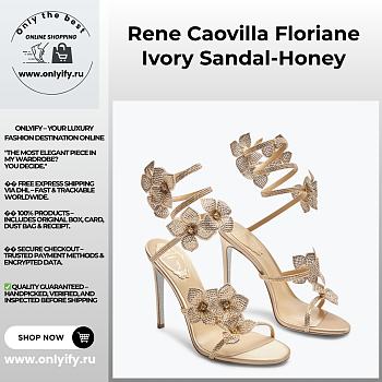 Rene Caovilla Cleo Sandals – Gold Satin Heels with Crystal Embellished Floral Spiral Strap