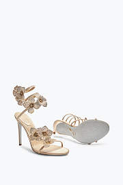 Rene Caovilla Cleo Sandals – Gold Satin Heels with Crystal Embellished Floral Spiral Strap - 2