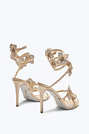 Rene Caovilla Cleo Sandals – Gold Satin Heels with Crystal Embellished Floral Spiral Strap - 3