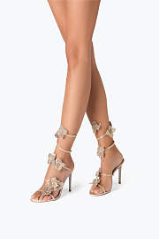 Rene Caovilla Cleo Sandals – Gold Satin Heels with Crystal Embellished Floral Spiral Strap - 4