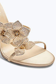 Rene Caovilla Cleo Sandals – Gold Satin Heels with Crystal Embellished Floral Spiral Strap - 5