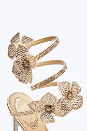 Rene Caovilla Cleo Sandals – Gold Satin Heels with Crystal Embellished Floral Spiral Strap - 6