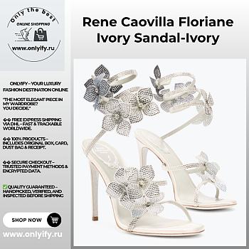 Rene Caovilla Cleo Sandals – White Satin Heels with Silver Crystal Floral Spiral Strap