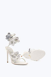 Rene Caovilla Cleo Sandals – White Satin Heels with Silver Crystal Floral Spiral Strap - 2
