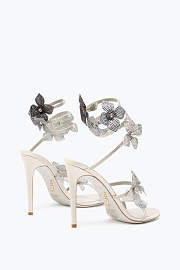 Rene Caovilla Cleo Sandals – White Satin Heels with Silver Crystal Floral Spiral Strap - 5