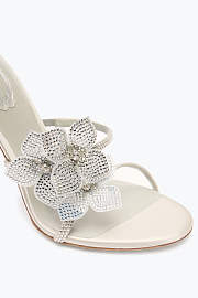 Rene Caovilla Cleo Sandals – White Satin Heels with Silver Crystal Floral Spiral Strap - 4