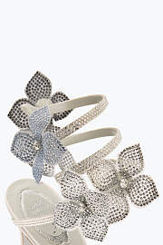 Rene Caovilla Cleo Sandals – White Satin Heels with Silver Crystal Floral Spiral Strap - 6
