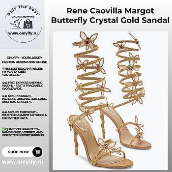 Rene Caovilla Cleo Sandals – Gold Crystal-Embellished Heels with Floral Spiral Wrap