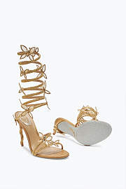 Rene Caovilla Cleo Sandals – Gold Crystal-Embellished Heels with Floral Spiral Wrap - 6