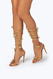 Rene Caovilla Cleo Sandals – Gold Crystal-Embellished Heels with Floral Spiral Wrap - 4
