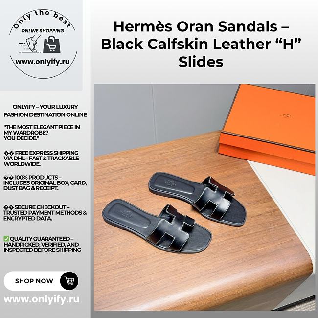 Hermès Oran Sandals – Black Calfskin Leather “H” Slides - 1