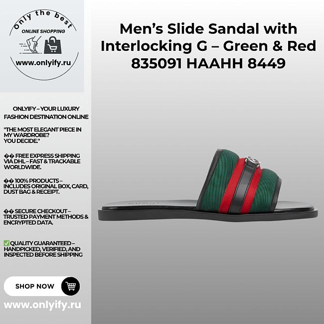 Men’s Slide Sandal with Interlocking G – Green & Red 835091 HAAHH 8449 - 1