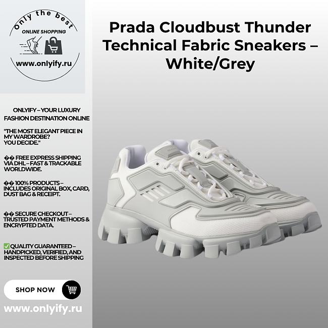 Prada Cloudbust Thunder Technical Fabric Sneakers – White/Grey - 1