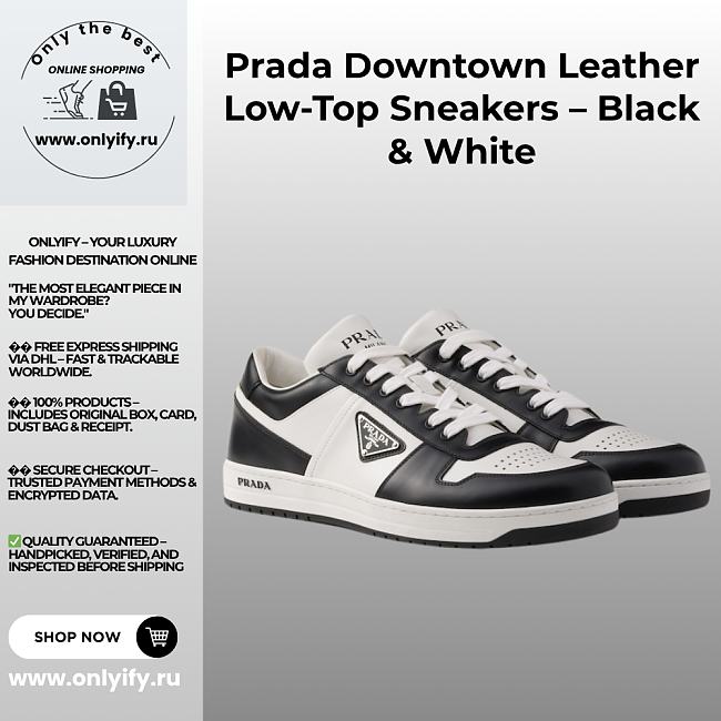 Prada Downtown Leather Low-Top Sneakers – Black & White - 1