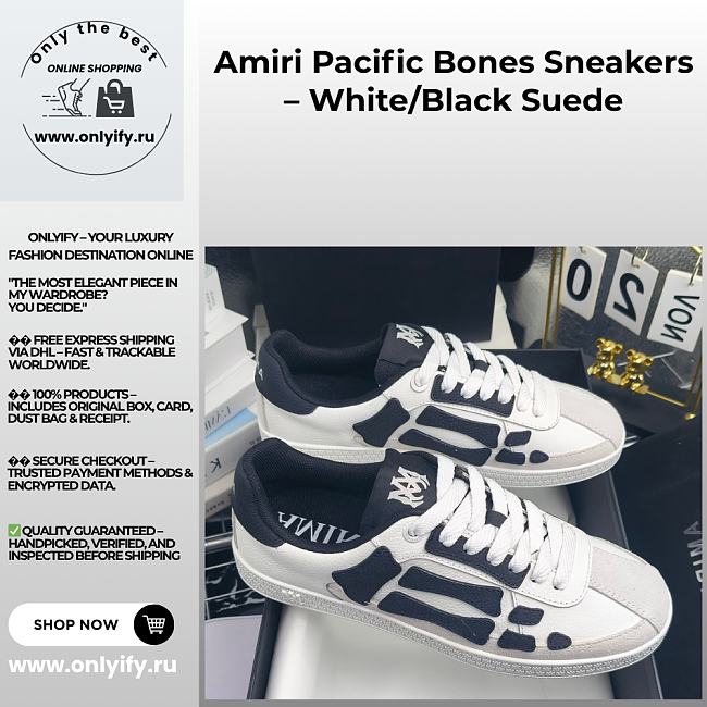 Amiri Pacific Bones Sneakers – White/Black Suede - 1