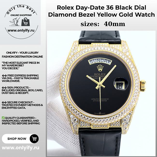 Rolex Day-Date 36 Black Dial 18K Yellow Gold Diamond Bezel Watch – Leather Strap - 1