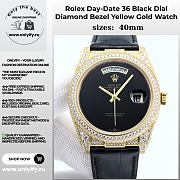 Rolex Day-Date 36 Black Dial 18K Yellow Gold Diamond Bezel Watch – Leather Strap - 1