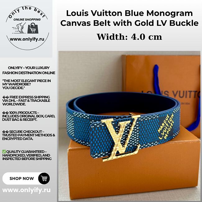 Louis Vuitton Blue Monogram Canvas Belt with Gold LV Buckle - 1