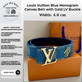 Louis Vuitton Blue Monogram Canvas Belt with Gold LV Buckle
