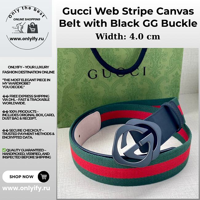 Gucci Web Stripe Canvas Belt with Black GG Buckle - 1